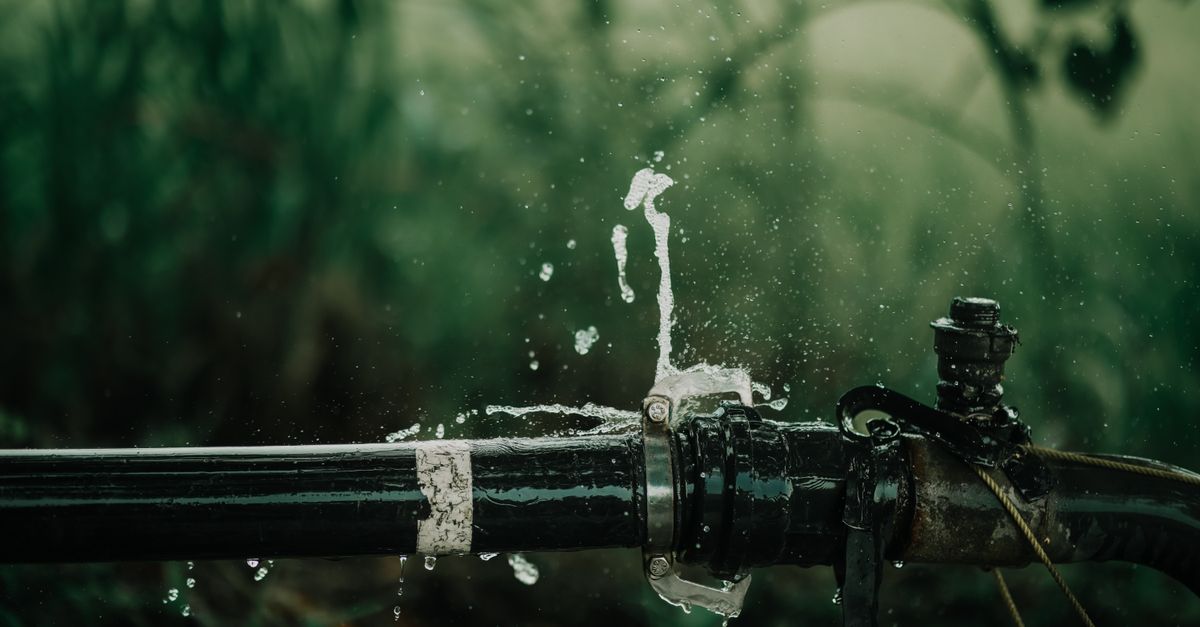Water spraying from a split water pipe against a green garden