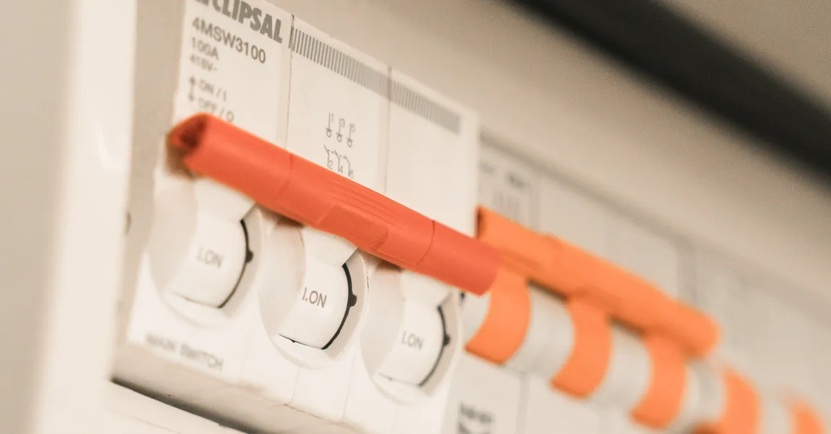 The main switch and circuit breakers on an Australian home switchboard