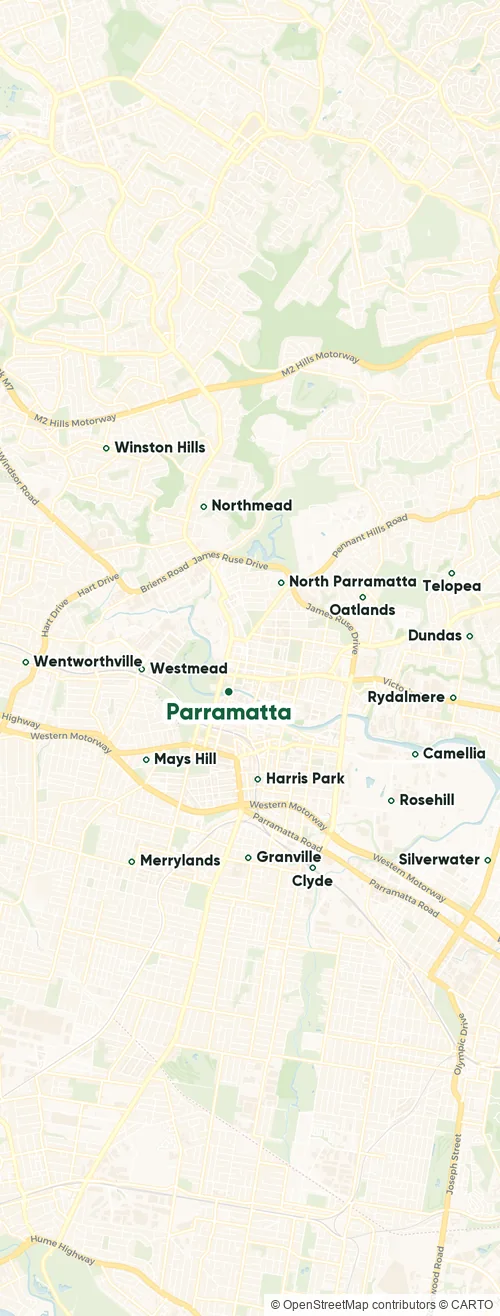 Map of the Parramatta plumbing service area with the suburbs we cover labelled, from Winston Hills and Northmead through Parramatta and Harris Park to Granville, Rydalmere, Camellia and Silverwater