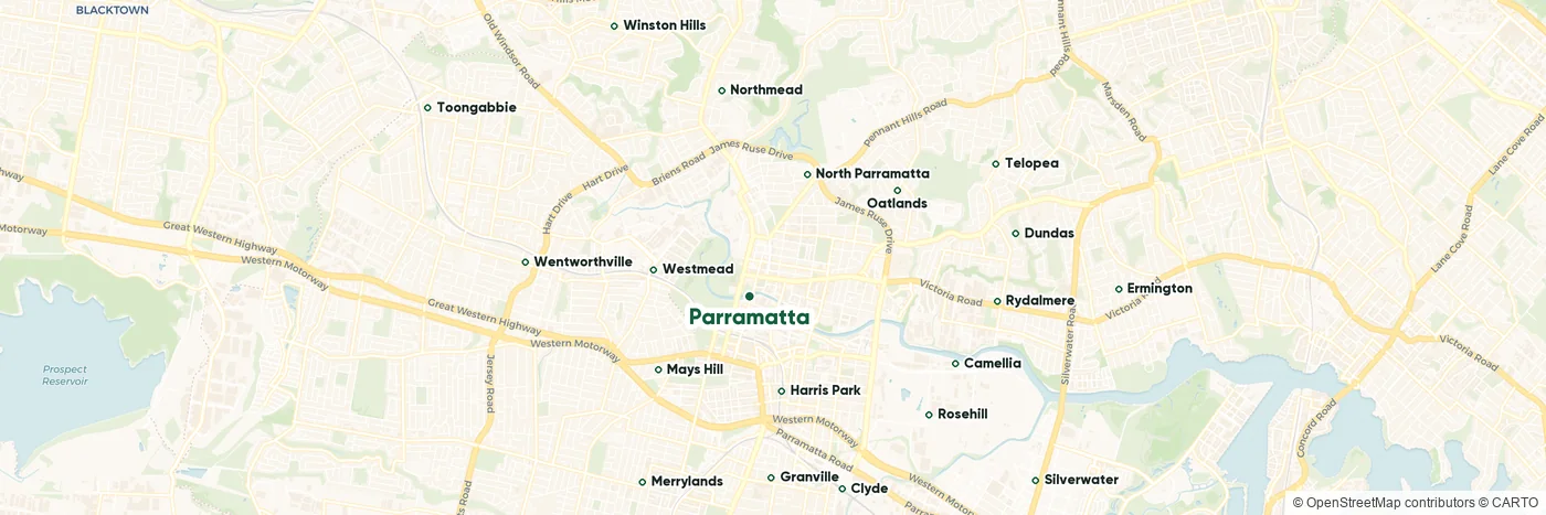 Map of the Parramatta plumbing service area with all 20 suburbs we cover labelled, from Toongabbie and Winston Hills through Parramatta and Harris Park to Granville, Rydalmere, Silverwater and Ermington